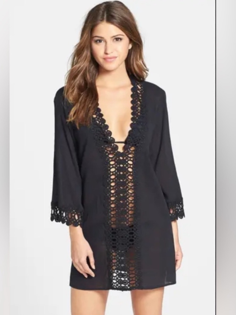 La Blanca Island Fare Black Crochet-Trim Tunic Swim Cover Up cotton L